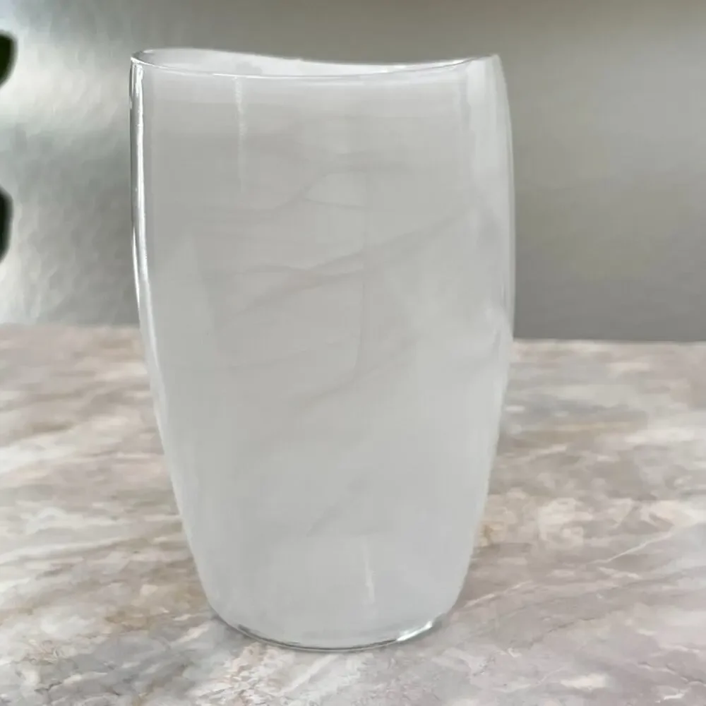 White Opulent Swirls Glass Art Oval Round Vase 7.25